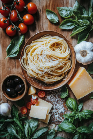 Colorful tomatoes, olives, garlic, and cheese surround fresh spaghetti and basil on a wooden table, inviting a delightful cooking experience for Italian cuisine lovers.の素材