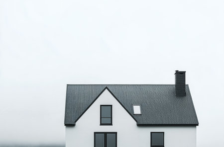 The sturdy white house features a minimalist design with a gray roof and modern windows. It stands in a quiet area, surrounded by a soft, overcast sky that enhances the tranquil atmosphere.の素材