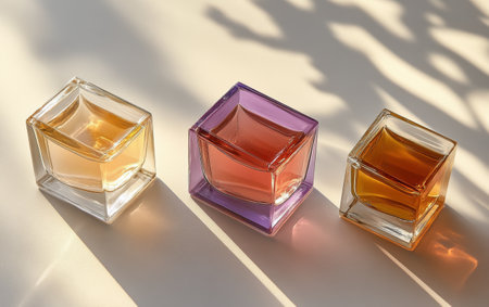 Soft sunlight illuminates three distinct perfume bottles arranged artistically on a clean surface, showing their elegant shapes and colors, creating a refined ambiance.の素材