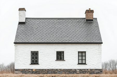 The sturdy white house features a minimalist design with a gray roof and modern windows. It stands in a quiet area, surrounded by a soft, overcast sky that enhances the tranquil atmosphere.の素材