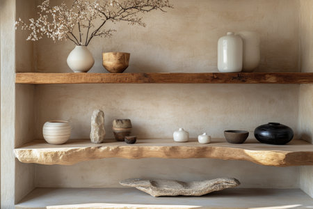 A collection of various pottery pieces is arranged on rustic wooden shelves.の素材