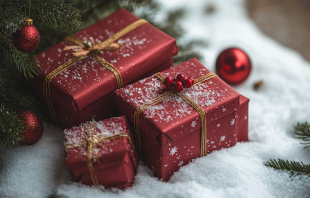 A cozy arrangement showcases beautifully wrapped gifts shiny beside red ornaments, all set against a snowy backdrop and a decorated Christmas tree twinkling with lights.の素材