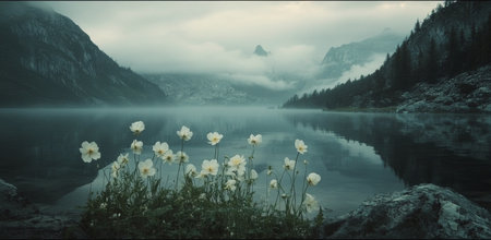 A tranquil lake embraced by misty mountains showcases blooming wildflowers along its shore. The soft morning light enhances the peaceful atmosphere, inviting quiet reflection.の素材