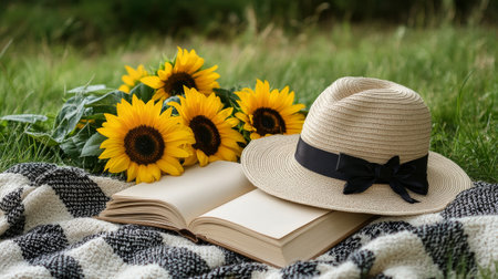 In a tranquil meadow, a straw hat rests on a blanket beside an open book and vibrant sunflowers, creating a peaceful summer atmosphere perfect for reading and enjoying nature.の素材