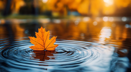 A vibrant yellow maple leaf gently rests on the surface of calm water, sending delicate ripples outward while the golden light of sunset illuminates the surrounding landscape.の素材