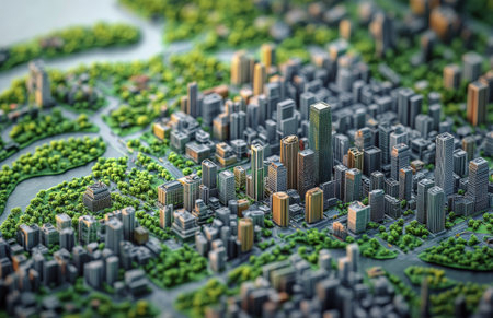 This vivid miniature city showcases an array of colorful buildings surrounded by lush greenery. Parks and roads enhance the urban landscape, capturing a lively daylight atmosphere.の素材