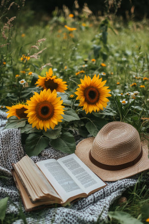 A cozy blanket is spread on lush green grass, with an open book resting on it. Nearby, vibrant sunflowers bloom, creating a peaceful atmosphere on a sunny day.の素材