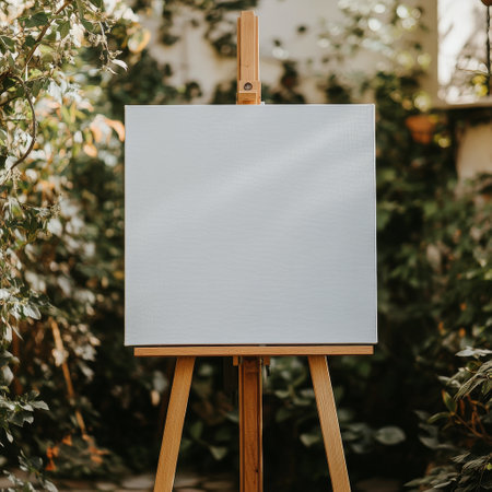 An empty canvas rests on a wooden easel in the midst of vibrant greenery. The peaceful atmosphere invites creativity in a natural environment, perfect for artistic inspiration.の素材