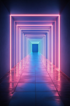 A vivid corridor featuring glowing blue lines and illuminated panels creates a high tech atmosphere. The design suggests a futuristic setting, evoking a sense of innovation and technology.の素材
