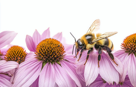 A bumblebee gathers nectar from vivid pink echinacea blooms, showing the beauty of nature in full swing during a warm summer day, highlighting the essential role of pollinators.の素材
