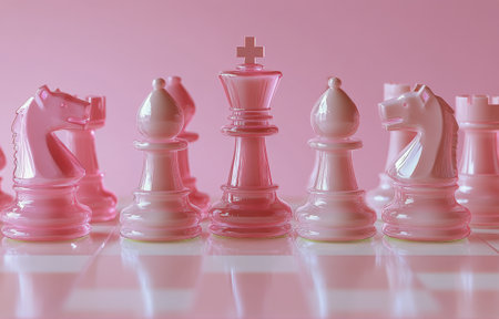 A set of pastel colored chess pieces is displayed in a row against a soft pink background, showing a creative and whimsical interpretation of the classic game.の素材