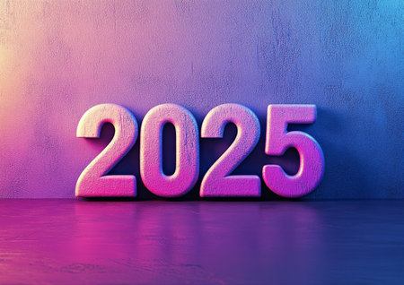 The vibrant numbers display represents the year 2025, set against a striking gradient wall. The playful colors create an inviting atmosphere, perfect for celebrations or events.の素材