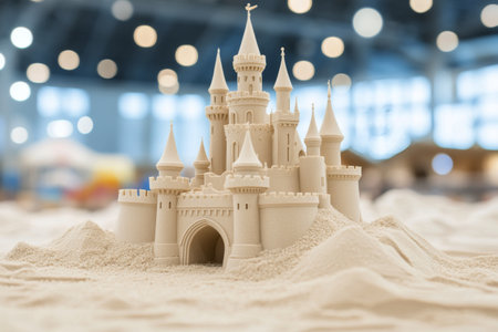An impressive sand castle stands on the beach, showing detailed towers and walls. The area is serene, with a calm lake beside it and gentle mountains in the distance under a cloudy sky.の素材