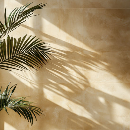 This space features soft sandy tones with geometric steps and textures, enhanced by the interplay of light and shadows from palm fronds, creating a calm and minimalistic atmosphere.の素材