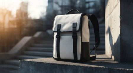 A contemporary backpack with a minimalist design is set against a raw concrete surface. The soft afternoon light casts shadows, enhancing the bags shape and creating a striking visual effect.の素材