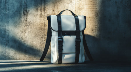 A contemporary backpack with a minimalist design is set against a raw concrete surface. The soft afternoon light casts shadows, enhancing the bags shape and creating a striking visual effect.の素材