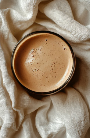 A warm cup of frothy coffee sits on a soft fabric backdrop, exuding a comforting vibe perfect for a relaxing moment. The rich brown color invites you to savor each sip.の素材