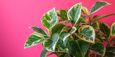 A vibrant green indoor plant stands in a sleek white pot on a bright pink surface. The sunlight casts playful shadows, enhancing the lively atmosphere of the space.の素材