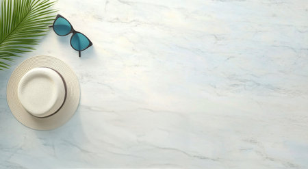 A stylish sun hat and sunglasses are arranged neatly on a smooth light marble surface. A vibrant green palm leaf adds a tropical touch to the setting, perfect for summer relaxation.の素材