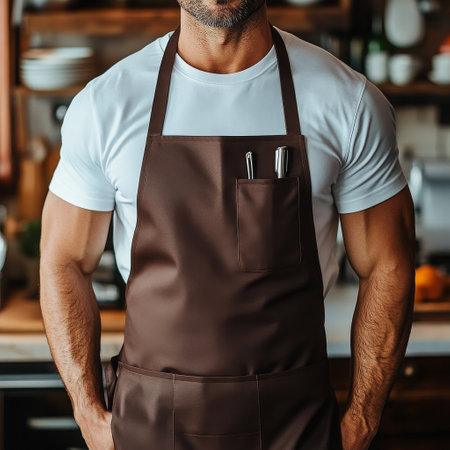 A young man stands confidently in a cozy cafe, wearing a brown apron with tools in the pocket. He exudes a friendly and approachable vibe, ready to serve customers.の素材
