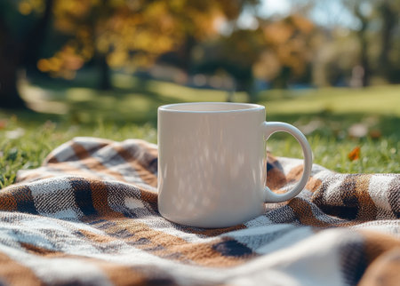 A white cup sits on a checkered blanket laid on green grass. The warm sunlight filters through trees, creating a peaceful autumn atmosphere perfect for relaxation.の素材