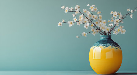 A vibrant yellow vase holds delicate white blossoms, creating a beautiful contrast against a turquoise wall. The soft light enhances the colors, adding warmth to the setting.の素材