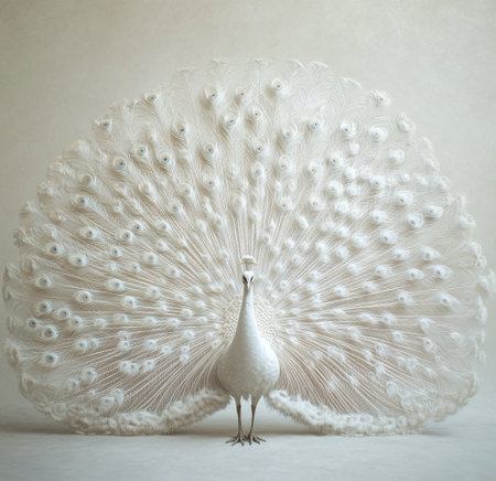 A white peacock stands proudly with its elaborate feathers fully spread, showing intricate patterns in a light, bright environment. The composition highlights the birds beauty and elegance.の素材