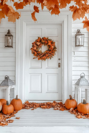 The welcoming entrance features a white door adorned with a leaf wreath. Surrounding pumpkins and lanterns enhance the autumn atmosphere, complemented by fallen leaves on the floor.の素材