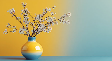 A vibrant yellow vase holds delicate white blossoms, creating a beautiful contrast against a turquoise wall. The soft light enhances the colors, adding warmth to the setting.の素材