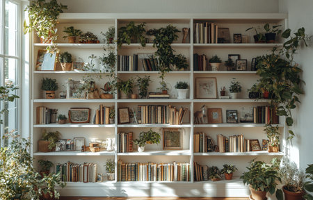 This inviting living room features a large bookshelf brimming with various books and decorative plants. The warm natural light enhances the cozy atmosphere, highlighting the green foliage.の素材