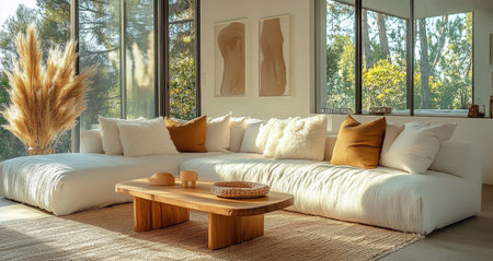 A spacious living room features a large white sectional sofa adorned with brown cushions. Natural light floods the area, highlighting a wooden coffee table and decorative touches like pampas grass.の素材