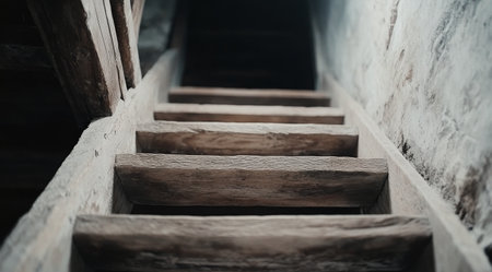 The worn wooden stairs rise to a shadowy upper level, showing rough textures and an aged ambiance. The setting suggests a sense of nostalgia and history.の素材
