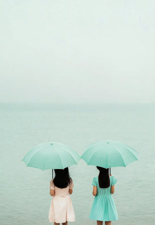 Three individuals, one with a red umbrella and two with white umbrellas, enjoy a tranquil ocean view. The water is turquoise, and the beach is serene under the clear sky.の素材