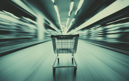 A shopping cart is positioned in the foreground of a supermarket aisle, with blurred products on shelves and overhead lights creating a dynamic atmosphere typical of daytime shopping.の素材