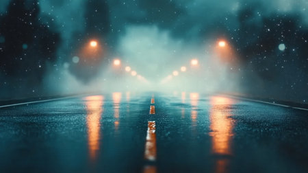 The scene shows an urban road at night, shimmering with reflections. Colorful lights illuminate the fog, creating a striking atmosphere. The wet pavement enhances the dramatic effect.の素材