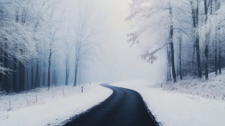 A winding road is covered in fresh snow, leading through a dense forest of evergreen trees. The atmosphere is foggy, creating a peaceful winter scene that invites exploration and tranquility.の素材