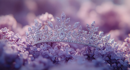 A luxurious tiara crafted with intricate designs and shimmering jewels is beautifully placed on a bed of purple flowers as warm sunlight casts a magical glow during the golden hour.の素材