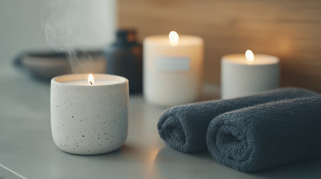 Two white candles flicker softly beside rolled towels, enhancing the tranquil ambiance of a modern bathroom. A plant is visible in the background, adding a touch of nature.の素材