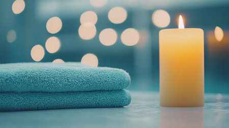 Two white candles flicker softly beside rolled towels, enhancing the tranquil ambiance of a modern bathroom. A plant is visible in the background, adding a touch of nature.の素材