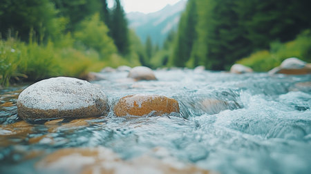 A tranquil mountain stream cascades over smooth stones, surrounded by lush greenery and towering trees. The clear water reflects sunlight, creating a calming atmosphere in the natural setting.の素材