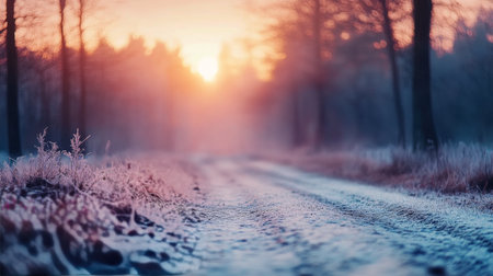 A winding road is covered in fresh snow, leading through a dense forest of evergreen trees. The atmosphere is foggy, creating a peaceful winter scene that invites exploration and tranquility.の素材