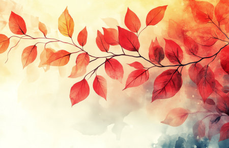Colorful autumn leaves in warm reds and oranges create a beautiful border against a soft, light background. The design evokes a sense of seasonal change and natural beauty.の素材