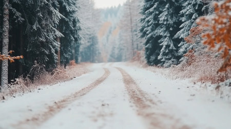 A serene pathway covered in fresh snow meanders through a quiet forest. Tall evergreen trees surround the scene, with hints of autumn leaves remaining, creating a peaceful winter atmosphere.の素材
