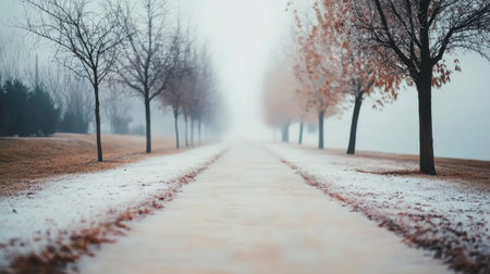 A winding road is covered in fresh snow, leading through a dense forest of evergreen trees. The atmosphere is foggy, creating a peaceful winter scene that invites exploration and tranquility.の素材