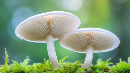 Small mushrooms with bright caps emerge from lush green moss in a quiet forest, illuminated by warm sunset light in the background, creating a peaceful and enchanting atmosphere.の素材