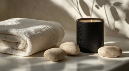 A soft, white towel rests beside a black candle on a surface, accompanied by smooth stones, creating a serene atmosphere perfect for relaxation and self care.の素材