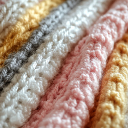 The close up view showcases soft pastel colored yarn in a textured pattern. The hues of pink, cream, and white create an inviting atmosphere ideal for knitting and crafting.の素材