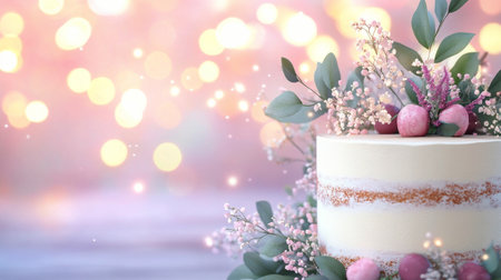 A beautifully designed two tier cake featuring delicate roses on top sits against a sparkling, blurred background filled with soft lights. The atmosphere is cheerful and celebratory.の素材