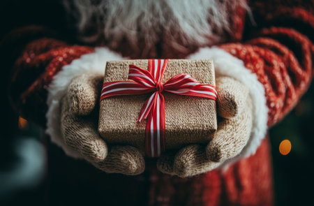 A person in a warm red sweater presents a gift wrapped in brown paper and adorned with a striped ribbon. The atmosphere suggests a winter celebration, evoking warmth and joy.の素材