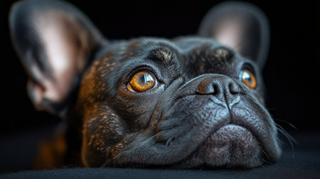 A French Bulldog with shiny black fur and expressive brown eyes rests its head on a dark surface, appearing contemplative. The soft lighting highlights its features beautifully.の素材